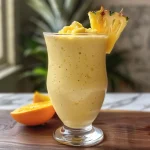 ['Close-up of a creamy pineapple smoothie with orange and banana in a glass.', 'Side view of a refreshing smoothie made with pineapple, banana, and orange.', 'A vibrant smoothie featuring pineapple, orange, and banana, served in a clear glass.', 'Creamy smoothie in a cup, showcasing the yellow-orange blend of fruits.']