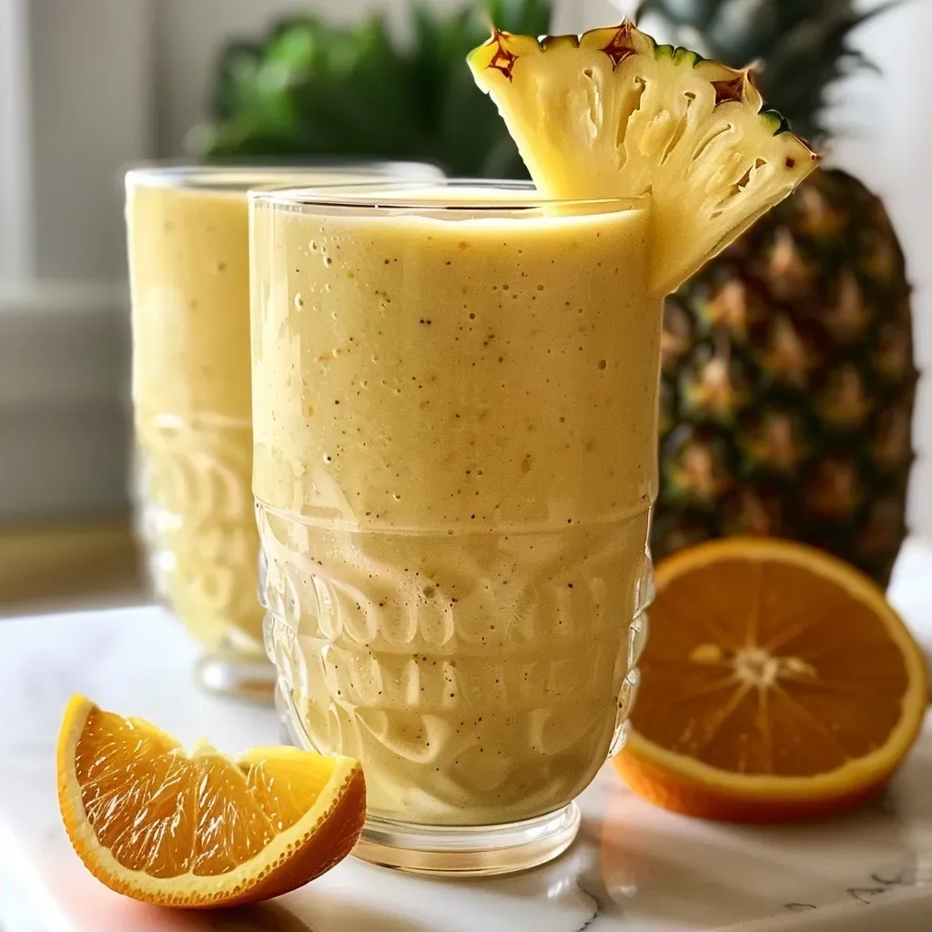 ['Close-up of a creamy pineapple smoothie with orange and banana in a glass.', 'Side view of a refreshing smoothie made with pineapple, banana, and orange.', 'A vibrant smoothie featuring pineapple, orange, and banana, served in a clear glass.', 'Creamy smoothie in a cup, showcasing the yellow-orange blend of fruits.']