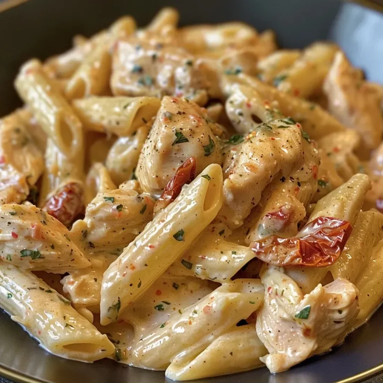 ['Close-up of creamy Tuscan chicken pasta with sun-dried tomatoes and spinach.', 'Side view of a bowl of creamy pasta featuring chicken and vibrant greens.', 'Juicy chicken pieces mixed with penne pasta and rich creamy sauce.', 'Delicious plate of Tuscan chicken pasta showcasing colorful ingredients.']