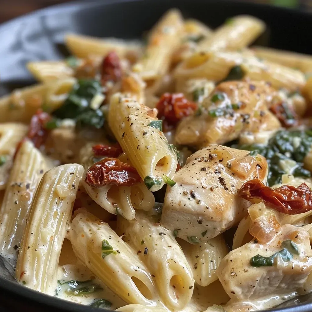 Close-up of creamy Tuscan chicken pasta with sun-dried tomatoes and spinach.