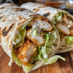 ['Close-up view of a crispy chicken Caesar wrap filled with lettuce and cheese.', 'Side perspective of a delicious crispy chicken Caesar wrap on a plate.', 'Juicy chicken Caesar wrap showcasing fresh ingredients and golden-brown chicken.', 'A detailed look at crispy chicken Caesar wraps garnished with black pepper.']