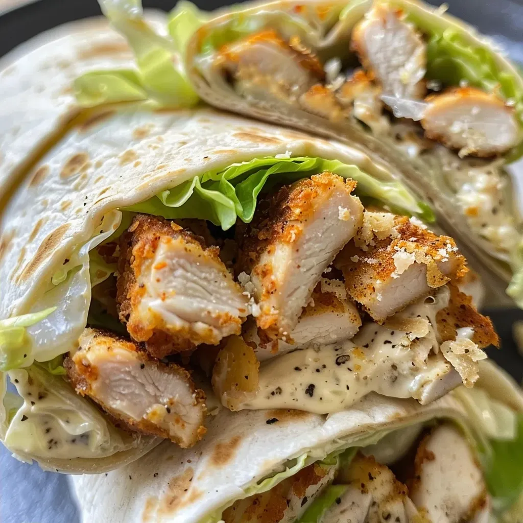 ['Close-up view of a crispy chicken Caesar wrap filled with lettuce and cheese.', 'Side perspective of a delicious crispy chicken Caesar wrap on a plate.', 'Juicy chicken Caesar wrap showcasing fresh ingredients and golden-brown chicken.', 'A detailed look at crispy chicken Caesar wraps garnished with black pepper.']
