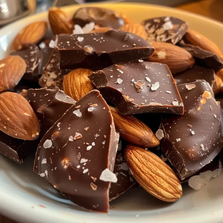 ['Close-up of dark chocolate almond clusters showcasing shiny chocolate coating and almonds.', 'Side view of dark chocolate almond clusters with visible almond pieces and a sprinkle of salt.', 'Juicy dark chocolate almond clusters captured with a glossy finish and textures of nuts.', 'Detailed image of dark chocolate almond clusters highlighting the rich chocolate and crunchy almonds.']