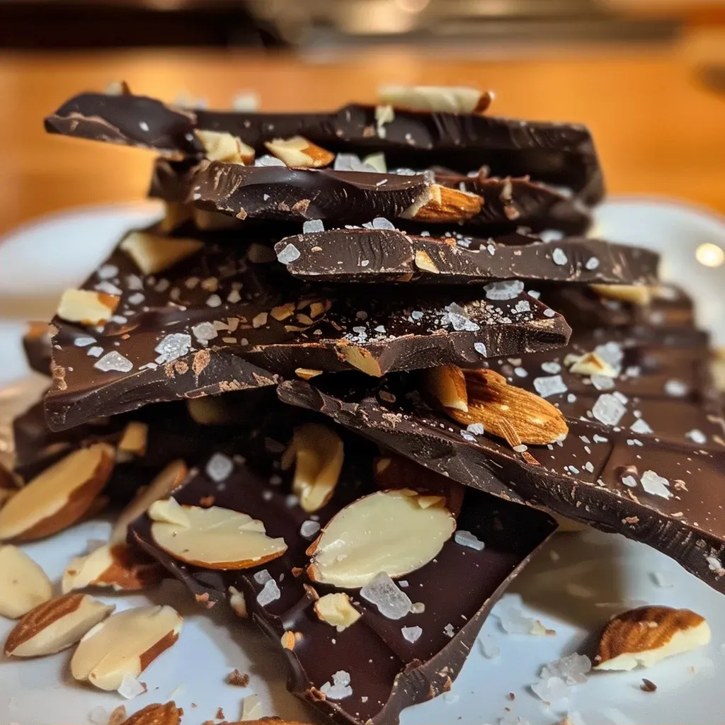 ['Close-up of dark chocolate almond clusters showcasing shiny chocolate coating and almonds.', 'Side view of dark chocolate almond clusters with visible almond pieces and a sprinkle of salt.', 'Juicy dark chocolate almond clusters captured with a glossy finish and textures of nuts.', 'Detailed image of dark chocolate almond clusters highlighting the rich chocolate and crunchy almonds.']