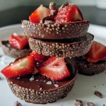 ['Side view of Dark Chocolate Strawberry Chia Jam Cups with fresh strawberries and layered chocolate.', 'Close-up of chocolate and strawberry dessert cups, showcasing a chia jam filling.', 'Vegan Dark Chocolate Strawberry Chia Jam Cups displayed with chia seeds and chocolate.', 'Juicy Dark Chocolate Strawberry Chia Jam Cups in a clear dish, highlighting their texture.']