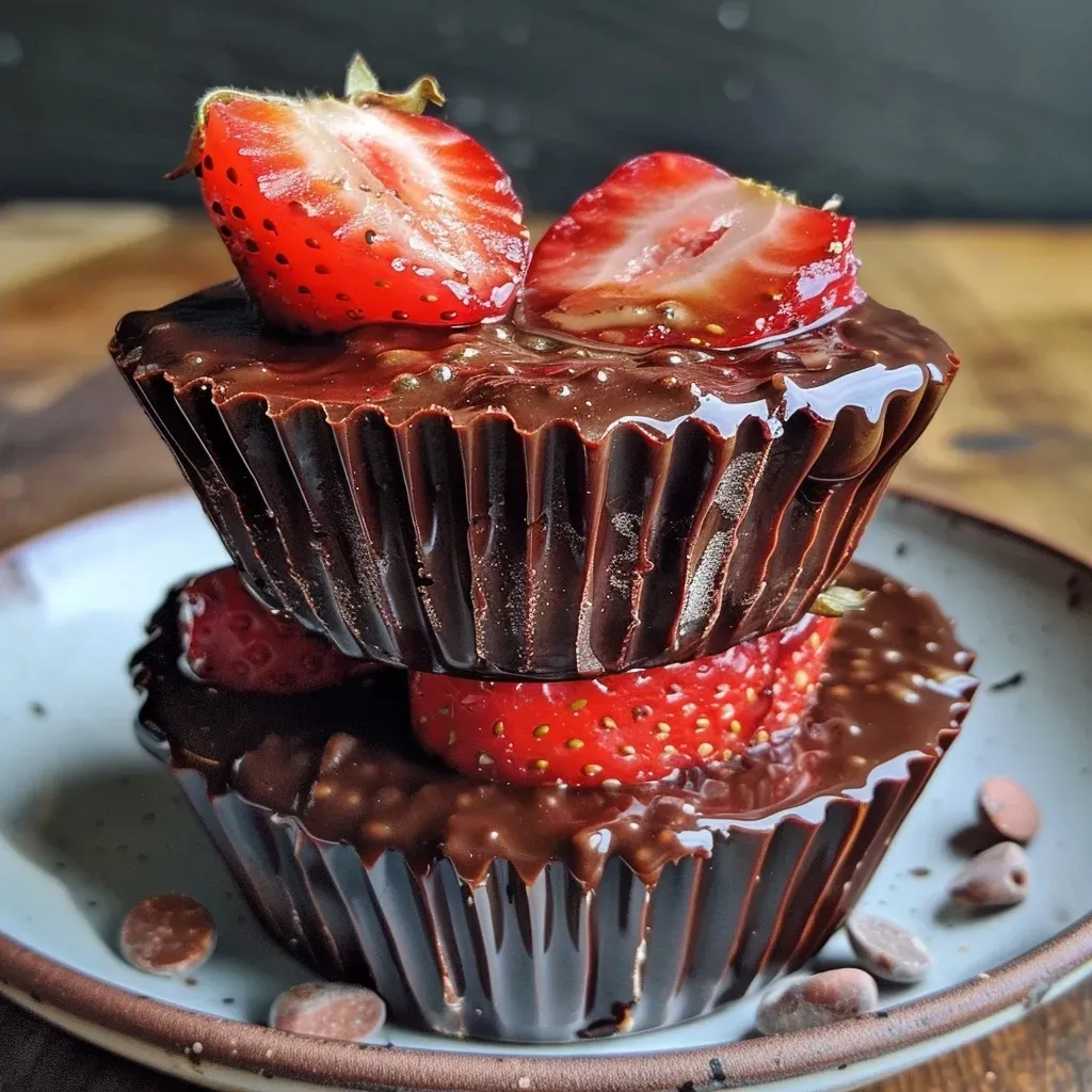 Side view of Dark Chocolate Strawberry Chia Jam Cups with fresh strawberries and layered chocolate.