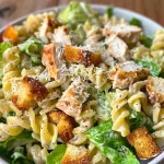 ['Close-up view of Easy Chicken Caesar Pasta Salad with vibrant greens and croutons.', 'Side shot of a colorful Chicken Caesar Pasta Salad featuring pasta, chicken, and lettuce.', 'Detailed image of a bowl filled with Chicken Caesar Pasta Salad, showcasing ingredients.', 'Close-up of a refreshing Chicken Caesar Pasta Salad, emphasizing texture and colors.']