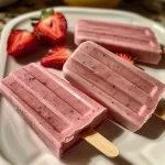 ['A close-up side view of vibrant red strawberry popsicles made with Greek yogurt.', 'Juicy, colorful strawberry popsicles displayed in a neat arrangement, showcasing their creamy texture.', 'A refreshing image of homemade strawberry popsicles, highlighting the bright strawberries and smooth yogurt.', 'Side view of refreshing strawberry yogurt popsicles, emphasizing their rich color and creamy consistency.']