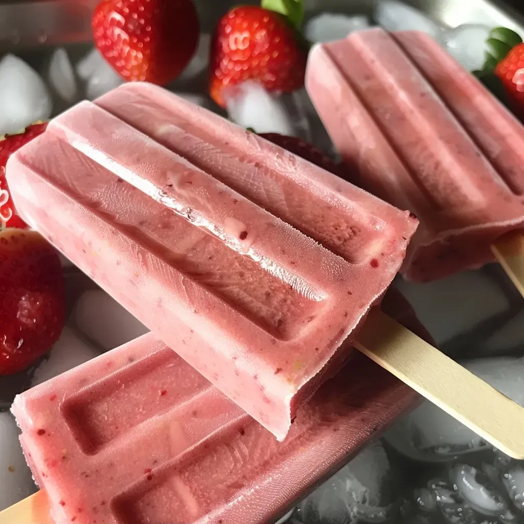 ['A close-up side view of vibrant red strawberry popsicles made with Greek yogurt.', 'Juicy, colorful strawberry popsicles displayed in a neat arrangement, showcasing their creamy texture.', 'A refreshing image of homemade strawberry popsicles, highlighting the bright strawberries and smooth yogurt.', 'Side view of refreshing strawberry yogurt popsicles, emphasizing their rich color and creamy consistency.']
