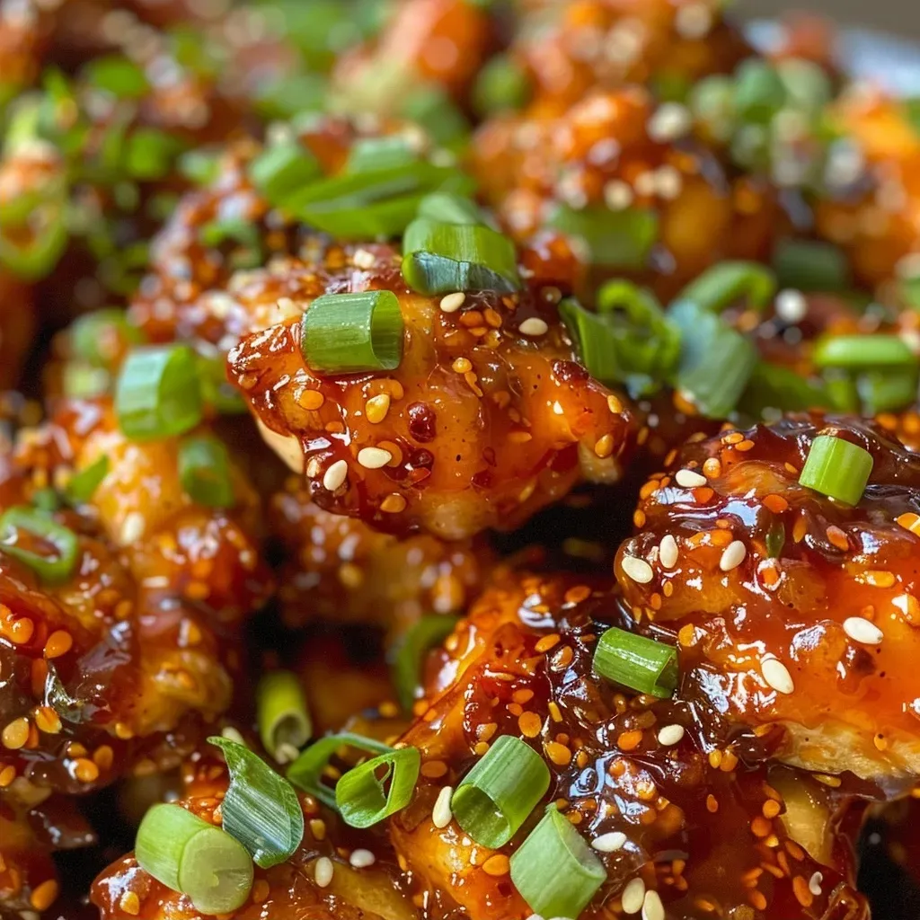Close-up of juicy sweet chili chicken pieces garnished with green onions and sesame seeds.