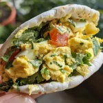 ['Close-up of a fluffy egg salad breakfast pita filled with greens.', 'Side view of a colorful egg salad pita wrapped with fresh greens.', 'Juicy egg salad nestled in a pita, garnished with leafy greens.', 'Detailed image of a breakfast pita stuffed with creamy egg salad and greens.']