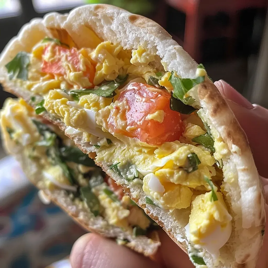 ['Close-up of a fluffy egg salad breakfast pita filled with greens.', 'Side view of a colorful egg salad pita wrapped with fresh greens.', 'Juicy egg salad nestled in a pita, garnished with leafy greens.', 'Detailed image of a breakfast pita stuffed with creamy egg salad and greens.']