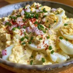 ['Close-up side view of a creamy egg salad made with Greek yogurt, garnished with chives and a sprinkle of paprika.', 'Vibrant egg salad with a smooth texture, featuring hard boiled eggs, Greek yogurt, red onion, and spices in a bowl.', 'Detailed shot of an egg salad enhanced with Greek yogurt, showcasing diced eggs and fresh garnishes alongside a light seasoning.', 'Side perspective of a delicious egg salad dish, consisting of hard boiled eggs mixed with Greek yogurt and colorful garnishes.']