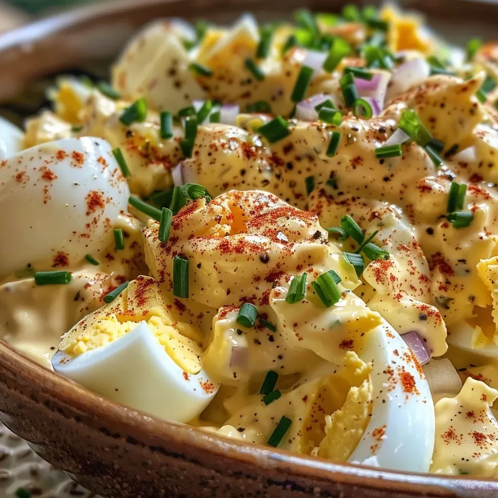 ['Close-up side view of a creamy egg salad made with Greek yogurt, garnished with chives and a sprinkle of paprika.', 'Vibrant egg salad with a smooth texture, featuring hard boiled eggs, Greek yogurt, red onion, and spices in a bowl.', 'Detailed shot of an egg salad enhanced with Greek yogurt, showcasing diced eggs and fresh garnishes alongside a light seasoning.', 'Side perspective of a delicious egg salad dish, consisting of hard boiled eggs mixed with Greek yogurt and colorful garnishes.']