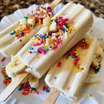['Close-up view of colorful frozen banana yogurt pops on a wooden table.', 'Side view of layered frozen banana yogurt pops with vibrant sprinkles.', 'Frozen banana yogurt pops held by popsicle sticks, set against a light background.', 'Juicy frozen banana yogurt pops with a smooth texture, featuring cake sprinkles.']