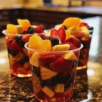 ['Close-up view of colorful Frozen Fruit Punch Cups filled with fresh fruit.', 'Side view of vibrant Frozen Fruit Punch Cups with strawberries, blueberries, and citrus.', 'Juicy Frozen Fruit Punch Cups showcasing layers of fruits and lemonade.', 'Delicious Frozen Fruit Punch Cups seen from the side, filled with various fresh fruits.']