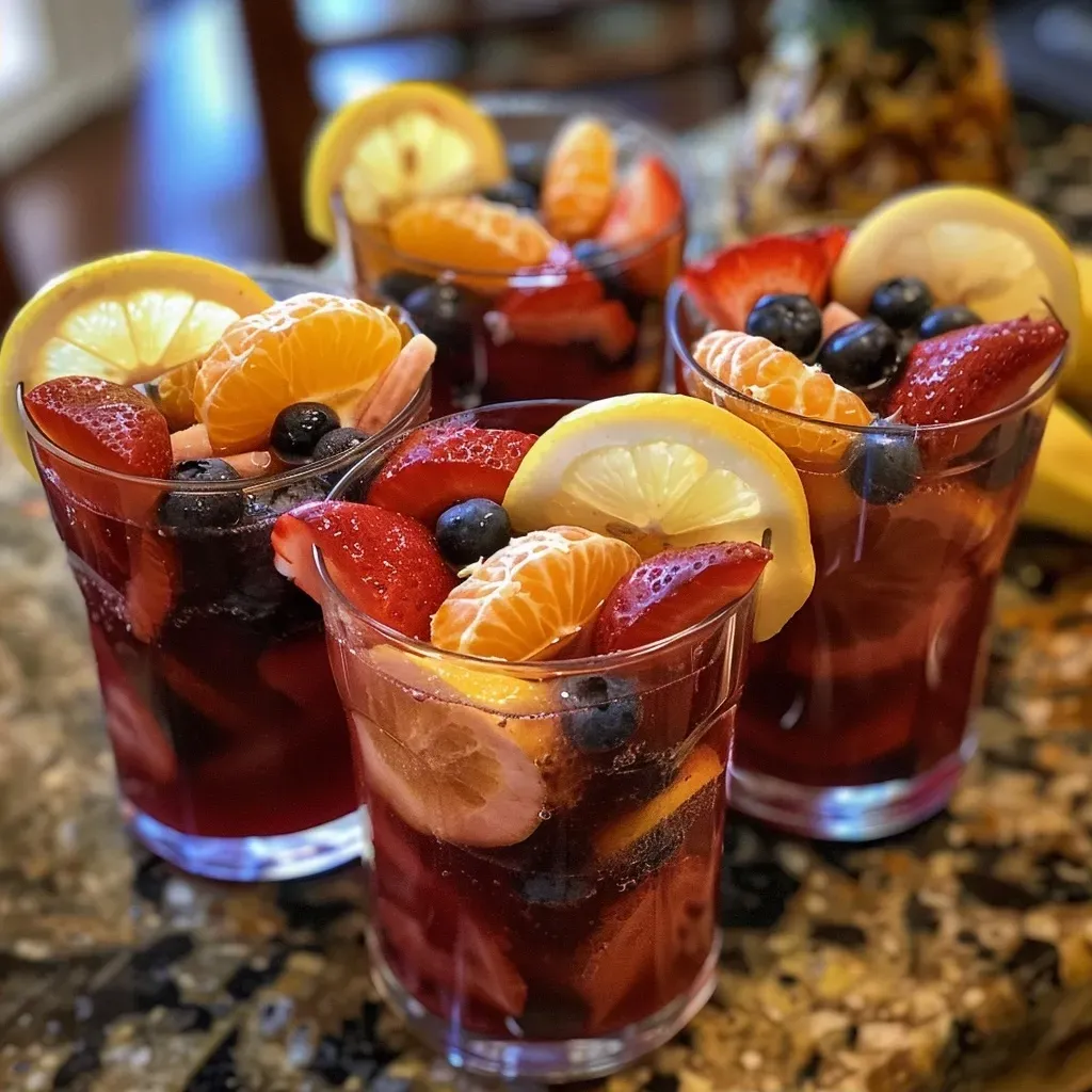 ['Close-up view of colorful Frozen Fruit Punch Cups filled with fresh fruit.', 'Side view of vibrant Frozen Fruit Punch Cups with strawberries, blueberries, and citrus.', 'Juicy Frozen Fruit Punch Cups showcasing layers of fruits and lemonade.', 'Delicious Frozen Fruit Punch Cups seen from the side, filled with various fresh fruits.']