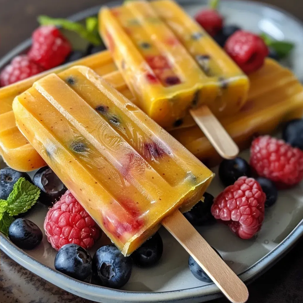 ['Side view of vibrant fruit smoothie popsicles with a glossy finish, showcasing various colors from the fruit.', 'Close-up of colorful fruit smoothie popsicles arranged side by side, highlighting their icy texture and fruity layers.', 'Detailed side view of refreshing fruit smoothie popsicles, featuring bright oranges, purple berries, and a creamy yogurt texture.', 'Juicy fruit smoothie popsicles displayed in a row, capturing the essence of summer with their colorful appearance.']