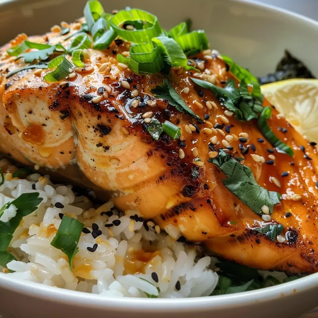 ['Close-up view of a garlic butter salmon rice bowl with vibrant ingredients.', 'Juicy salmon fillets on a bed of rice, garnished with green onions and sesame seeds.', 'Delicious garlic butter salmon served in a rice bowl, showcasing fresh toppings.', 'Side view of a succulent salmon dish featuring rice and colorful garnishes.']