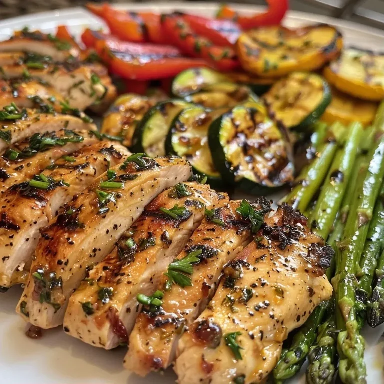 ['Close-up view of grilled garlic and herb chicken with colorful vegetables.', 'Juicy grilled chicken cutlets with sliced zucchini, yellow squash, asparagus, and red bell pepper.', 'Side view of chicken and veggies showcasing the marinade and fresh ingredients.', 'Delicious grilled meal featuring garlic and herb chicken with vibrant mixed vegetables.']