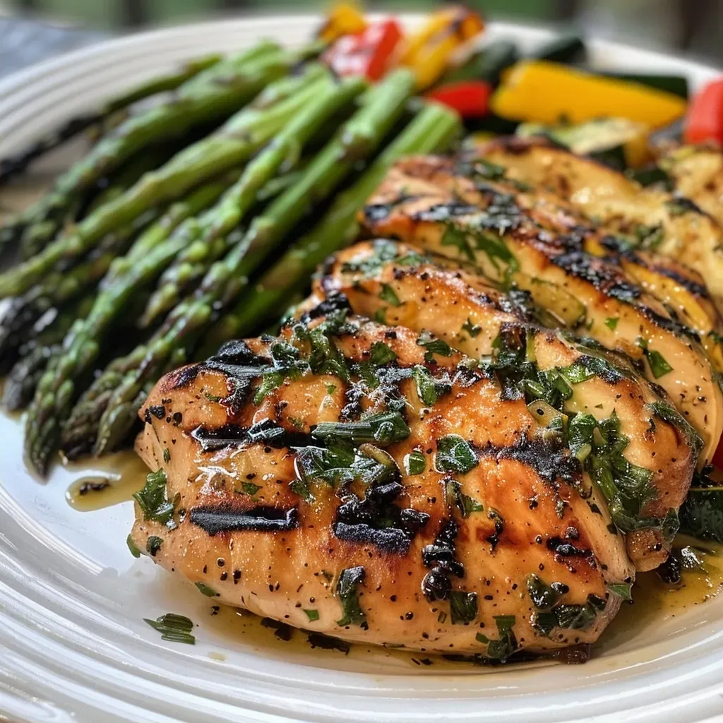 ['Close-up view of grilled garlic and herb chicken with colorful vegetables.', 'Juicy grilled chicken cutlets with sliced zucchini, yellow squash, asparagus, and red bell pepper.', 'Side view of chicken and veggies showcasing the marinade and fresh ingredients.', 'Delicious grilled meal featuring garlic and herb chicken with vibrant mixed vegetables.']