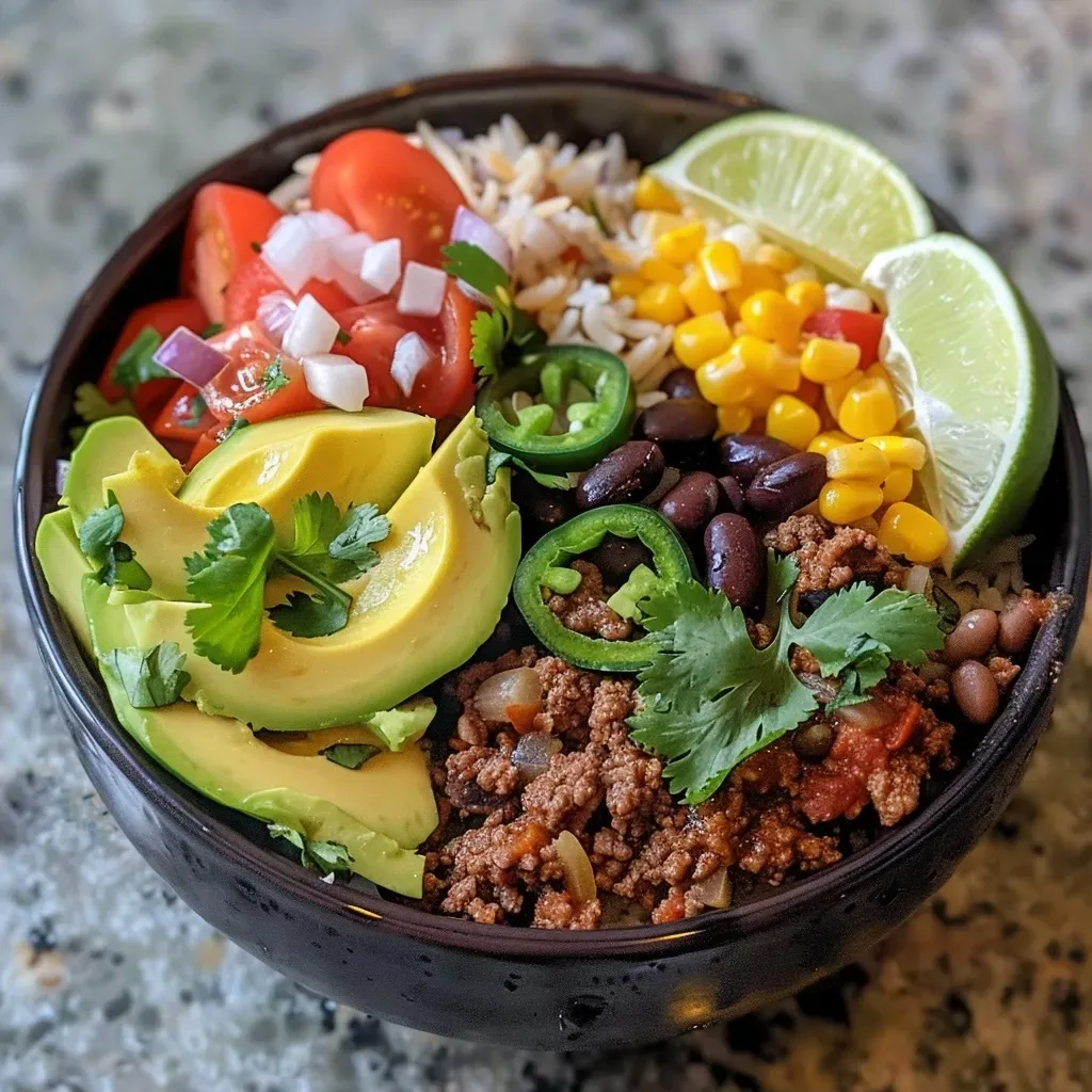 ['Close-up of a ground beef burrito bowl featuring colorful toppings.', 'Side view of a delicious burrito bowl with ground beef, rice, and fresh vegetables.', 'A vibrant ground beef burrito bowl filled with ingredients like avocado and cherry tomatoes.', 'Juicy ground beef burrito bowl displayed with cheese, lettuce, and a lime wedge.']