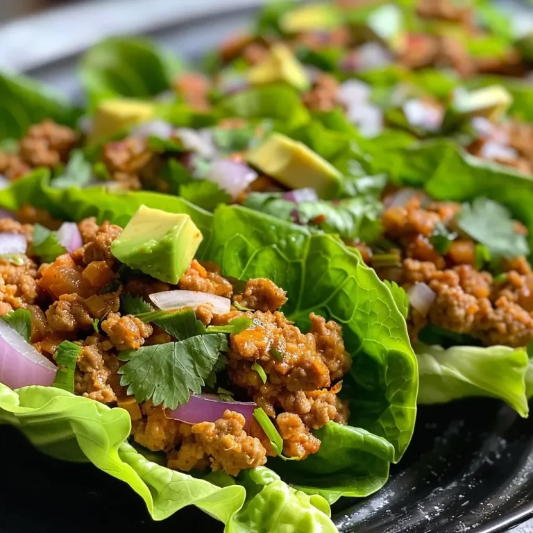 ['Close-up side view of ground turkey lettuce cups garnished with avocado crema.', 'Juicy ground turkey wrapped in lettuce with a creamy avocado drizzle.', 'Colorful ground turkey lettuce cups filled with diced vegetables and avocado crema.', 'Fresh lettuce cups filled with savory ground turkey and topped with avocado sauce.']