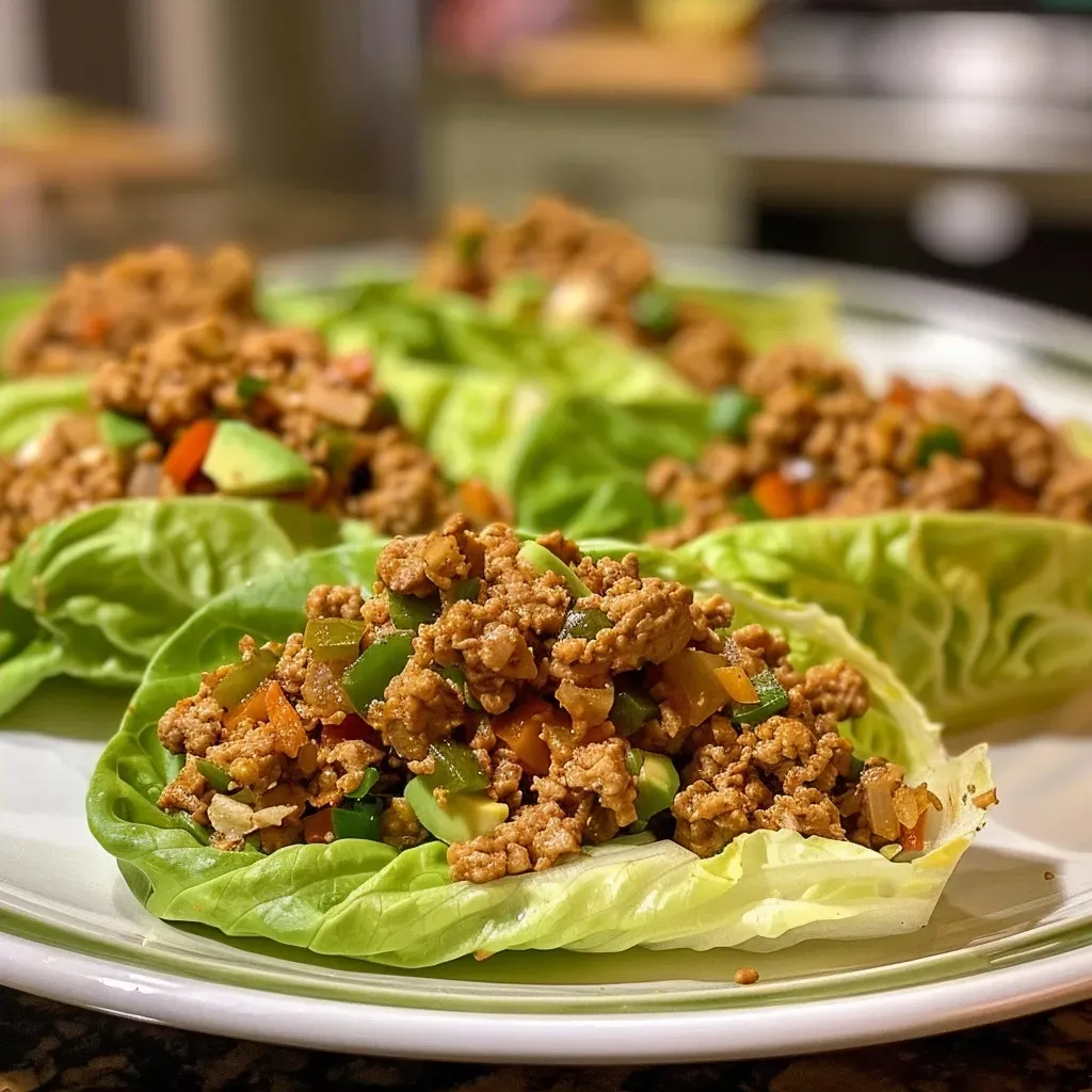 ['Close-up side view of ground turkey lettuce cups garnished with avocado crema.', 'Juicy ground turkey wrapped in lettuce with a creamy avocado drizzle.', 'Colorful ground turkey lettuce cups filled with diced vegetables and avocado crema.', 'Fresh lettuce cups filled with savory ground turkey and topped with avocado sauce.']