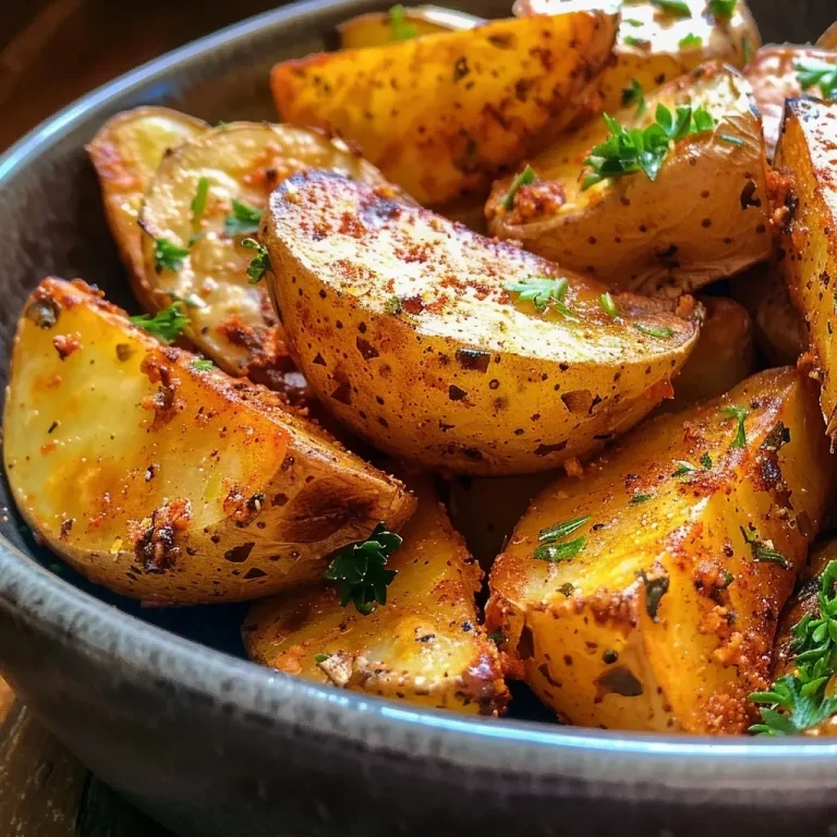 ['Golden-brown air fryer potato wedges seasoned with spices and herbs.', 'Close-up view of crispy potato wedges garnished with parsley.', 'Deliciously cooked potato wedges, golden and crispy, presented in a bowl.', 'Healthy air fryer potato wedges topped with fresh parsley on a plate.']