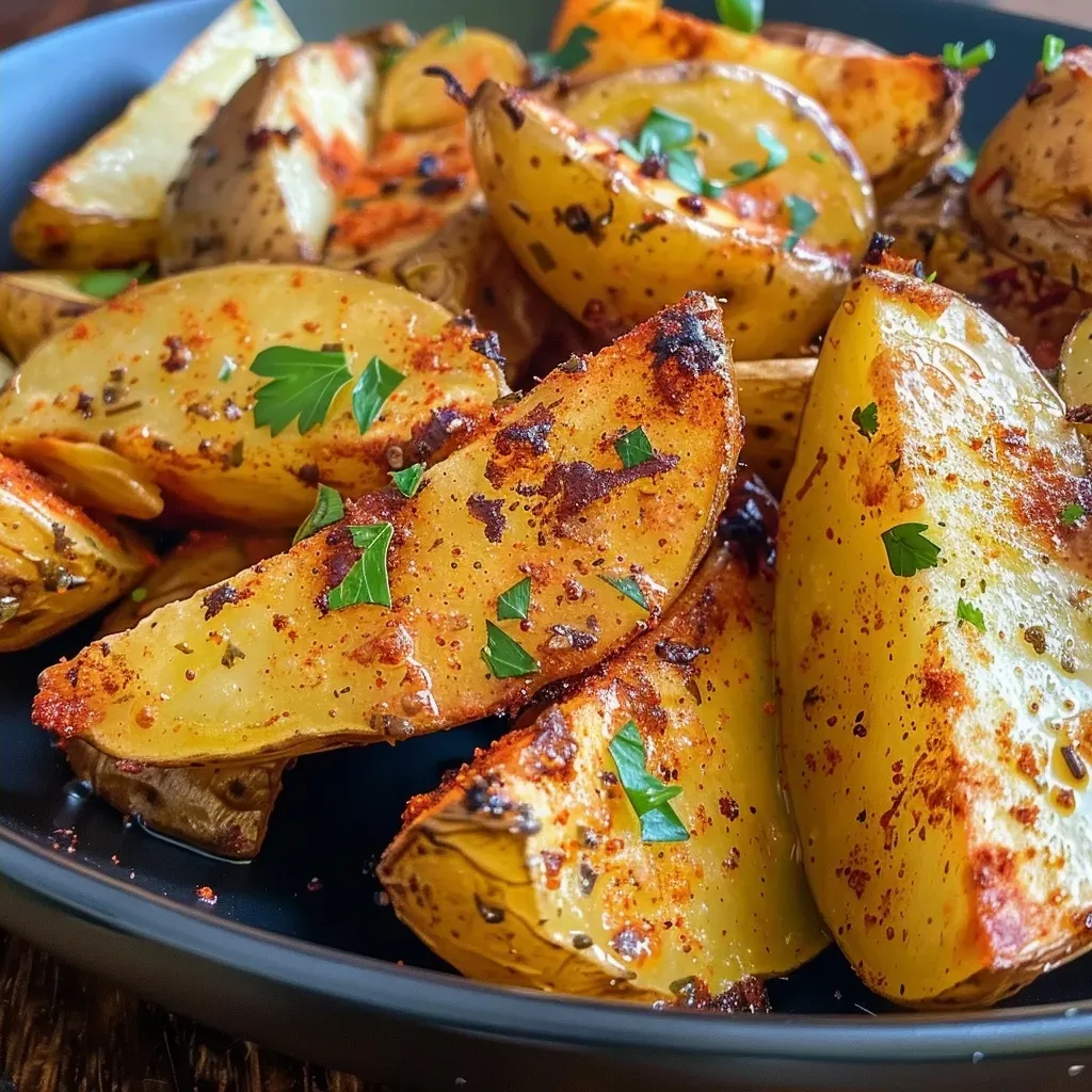 ['Golden-brown air fryer potato wedges seasoned with spices and herbs.', 'Close-up view of crispy potato wedges garnished with parsley.', 'Deliciously cooked potato wedges, golden and crispy, presented in a bowl.', 'Healthy air fryer potato wedges topped with fresh parsley on a plate.']
