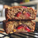 ['Close-up of a slice of healthy banana strawberry bread with visible strawberries and a golden crust.', 'Side view of moist banana strawberry bread showing its fluffy texture and fresh fruit pieces.', 'Juicy banana strawberry bread slice displayed on a wooden board, highlighting its vibrant colors.', 'Freshly baked banana strawberry bread with strawberries peeking through, presented on a rustic table.']