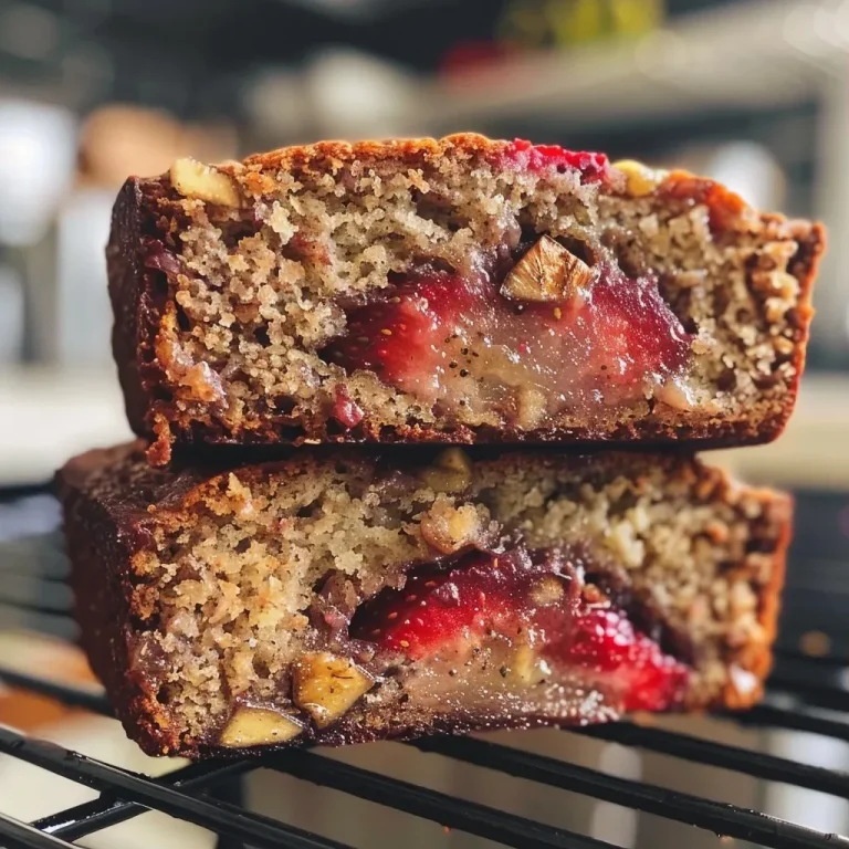 ['Close-up of a slice of healthy banana strawberry bread with visible strawberries and a golden crust.', 'Side view of moist banana strawberry bread showing its fluffy texture and fresh fruit pieces.', 'Juicy banana strawberry bread slice displayed on a wooden board, highlighting its vibrant colors.', 'Freshly baked banana strawberry bread with strawberries peeking through, presented on a rustic table.']