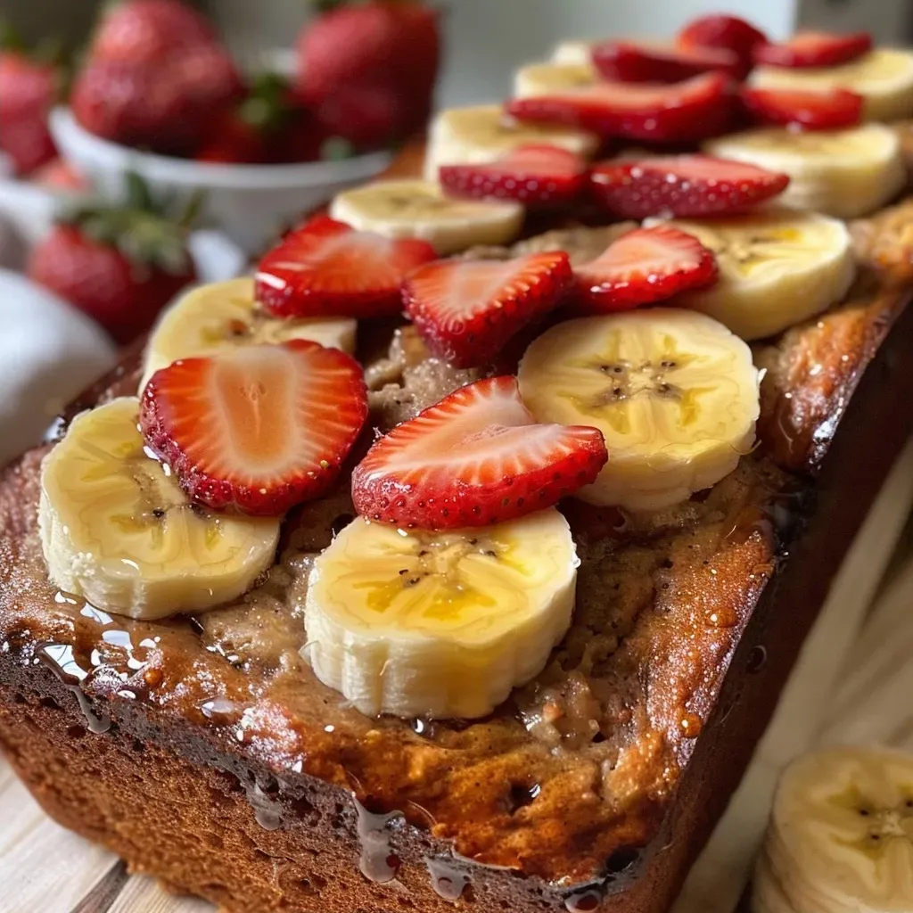 ['Close-up of a slice of healthy banana strawberry bread with visible strawberries and a golden crust.', 'Side view of moist banana strawberry bread showing its fluffy texture and fresh fruit pieces.', 'Juicy banana strawberry bread slice displayed on a wooden board, highlighting its vibrant colors.', 'Freshly baked banana strawberry bread with strawberries peeking through, presented on a rustic table.']