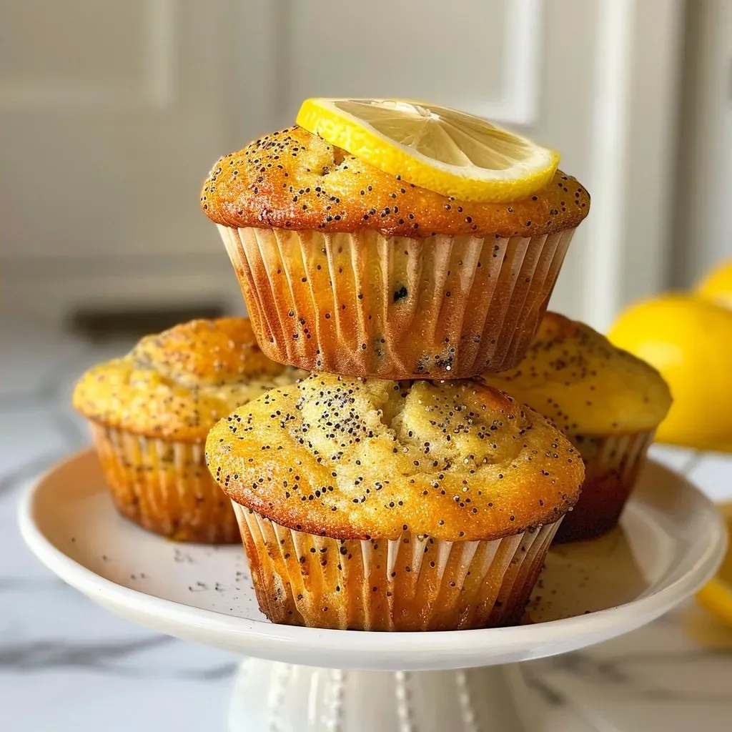 Close-up view of a golden-brown healthy lemon poppy seed muffin on a white plate.