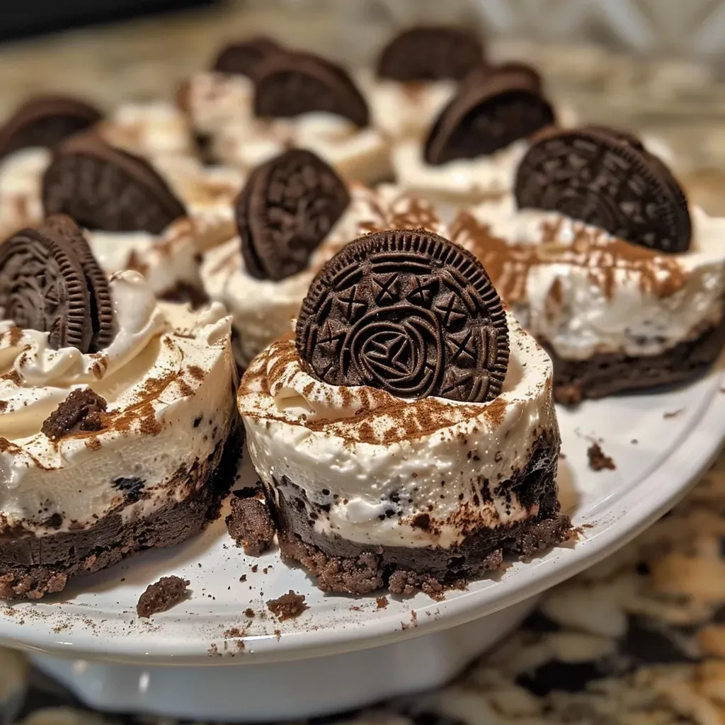 ['Close-up view of healthy no-bake Oreo cheesecake bites stacked on a plate.', 'Side view of creamy cheesecake bites topped with crushed Oreo thins and placed on a wooden table.', 'Delicious no-bake Oreo cheesecake bites with a glossy appearance, showcasing layers of cream cheese and yogurt.', 'A tempting arrangement of Oreo cheesecake bites against a rustic backdrop, highlighting their texture.']