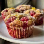 ['Close-up side view of healthy raspberry lemon mini muffins with a golden-brown crust and visible raspberry pieces.', 'Delicious raspberry lemon mini muffins arranged on a plate, showcasing their moist texture and vibrant colors.', 'A side profile of mini muffins made with raspberries and lemons, highlighting their fluffy appearance and fresh ingredients.', 'Healthy mini muffins featuring fresh raspberries and a hint of lemon zest, presented appetizingly in a close-up shot.']