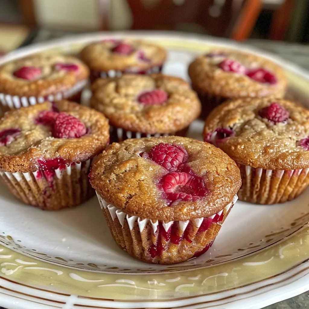 ['Close-up side view of healthy raspberry lemon mini muffins with a golden-brown crust and visible raspberry pieces.', 'Delicious raspberry lemon mini muffins arranged on a plate, showcasing their moist texture and vibrant colors.', 'A side profile of mini muffins made with raspberries and lemons, highlighting their fluffy appearance and fresh ingredients.', 'Healthy mini muffins featuring fresh raspberries and a hint of lemon zest, presented appetizingly in a close-up shot.']
