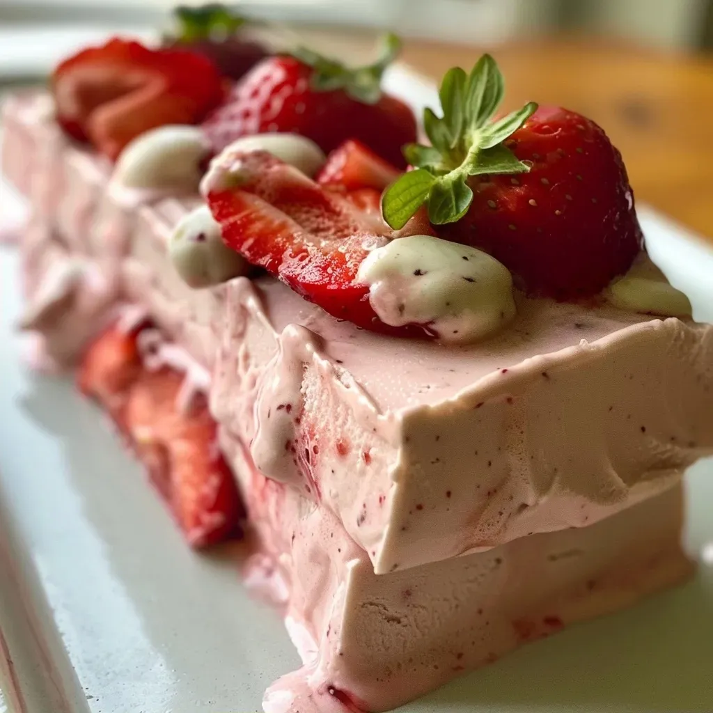 ['Close-up view of healthy strawberry frozen yogurt bars on a light background.', 'Juicy strawberry frozen yogurt bars with a side profile highlighting their texture.', 'Vibrant pink strawberry frozen yogurt bars arranged neatly on a plate.', 'Freshly made strawberry yogurt bars displayed with a rich color contrast.']