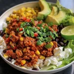 A colorful Healthy Turkey Taco Bowl featuring avocado, corn, and black beans.