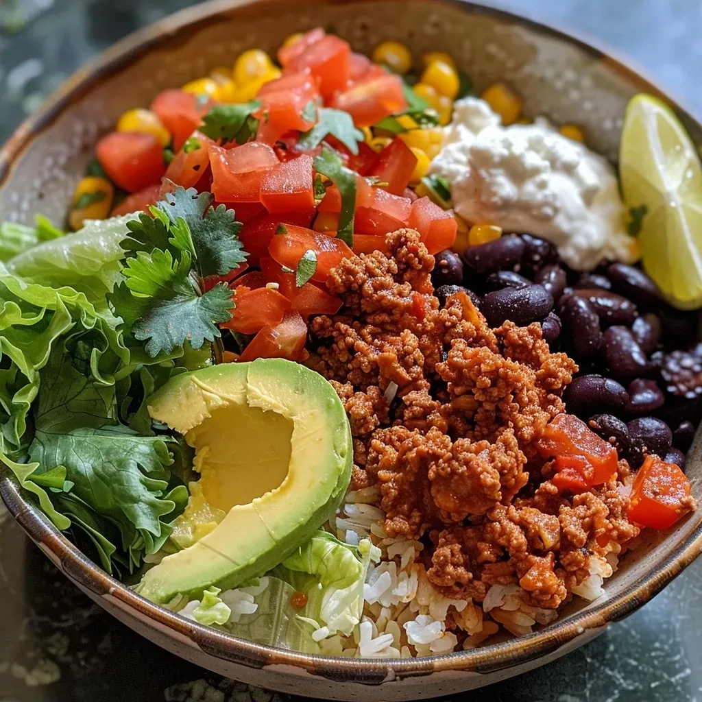 A close-up side view of a turkey taco bowl garnished with fresh cilantro and lime.