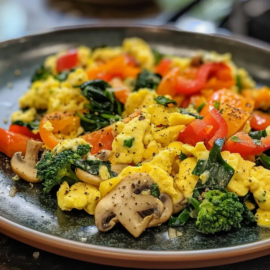 ['A close-up view of a colorful veggie egg scramble featuring chopped broccoli, diced mushrooms, and red and orange peppers.', 'A vibrant egg scramble packed with fresh vegetables, including spinach and bell peppers, in a skillet.', 'Side view of a delicious veggie egg scramble, showcasing fresh broccoli florets and mushrooms, garnished with cheese.', 'Juicy healthy egg scramble with a medley of vegetables, presented in a rustic skillet.']
