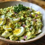 Close-up view of a Herby Avocado Egg Salad, showcasing vibrant green avocados and chopped eggs.