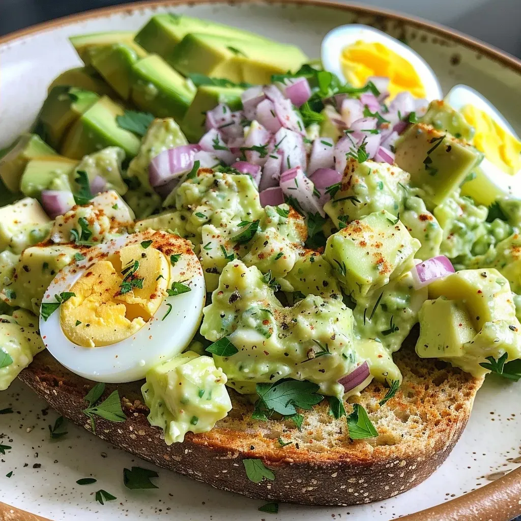 Side angle photo of a fresh Herby Avocado Egg Salad with visible ingredients like red onion and parsley.