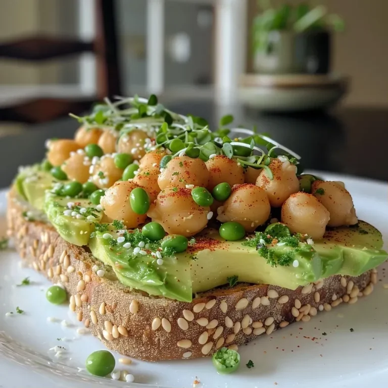['Close-up view of a High-Protein Chickpea Avocado Toast topped with microgreens and chili flakes.', 'Side view of a colorful chickpea avocado toast garnished with hemp seeds and thin tofu slices.', 'Delicious chickpea and avocado toast on whole-grain bread, featuring a sprinkle of chia seeds.', 'High-protein toast with mashed chickpeas, avocado, and vibrant greens, presented on a wooden board.']