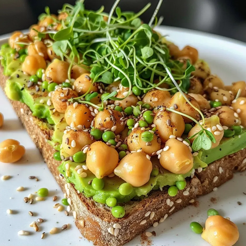 ['Close-up view of a High-Protein Chickpea Avocado Toast topped with microgreens and chili flakes.', 'Side view of a colorful chickpea avocado toast garnished with hemp seeds and thin tofu slices.', 'Delicious chickpea and avocado toast on whole-grain bread, featuring a sprinkle of chia seeds.', 'High-protein toast with mashed chickpeas, avocado, and vibrant greens, presented on a wooden board.']