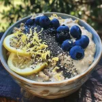 Close-up side view of high-protein lemon blueberry overnight oats in a clear glass jar.