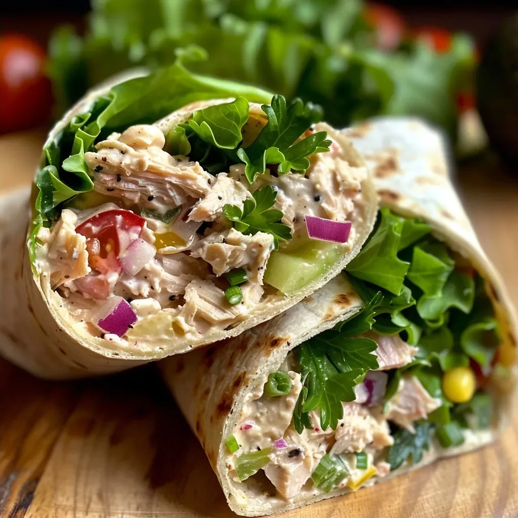 ['Close-up view of a high-protein tuna salad wrap featuring fresh ingredients.', 'Side view of a juicy tuna salad wrap with vibrant vegetables and whole wheat tortillas.', 'Detailed image of a nutritious tuna salad wrap, showcasing its layers and colors.', 'A delicious tuna salad wrap filled with greens, tomatoes, and avocado on a plate.']