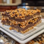 ['Close-up view of homemade crunch bars with a golden brown exterior and crispy texture.', 'Side view of delicious homemade crunch bars, highlighting layers of chocolate and rice cereal.', 'Juicy and crispy homemade crunch bars on a wooden surface, showcasing their rich ingredients.', 'Tasty homemade crunch bars featuring a shiny chocolate coating and crunchy rice cereal.']