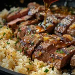['A close-up side view of a skillet filled with Honey Garlic Butter Steak and rice.', 'Juicy steak strips and rice glistening with honey garlic butter, captured in a skillet.', 'Close-up of a delicious meal featuring steak and rice in a rich sauce, served in a skillet.', 'Side view of a flavorful Honey Garlic Butter Steak and Rice dish in a frying pan.']