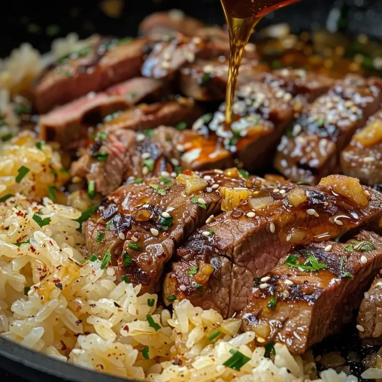 ['A close-up side view of a skillet filled with Honey Garlic Butter Steak and rice.', 'Juicy steak strips and rice glistening with honey garlic butter, captured in a skillet.', 'Close-up of a delicious meal featuring steak and rice in a rich sauce, served in a skillet.', 'Side view of a flavorful Honey Garlic Butter Steak and Rice dish in a frying pan.']